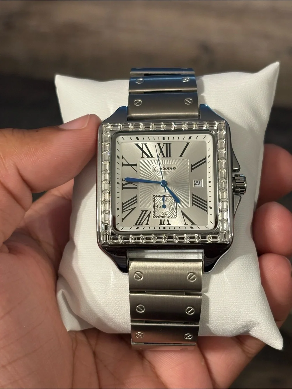 Cartier Men's Stainless Steel Square Watch with Blue Hands